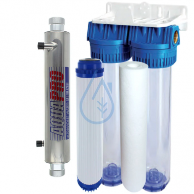 Filtración dúplex 20 pulgadas agua ciudad + esterilizador UV 1300 L/H