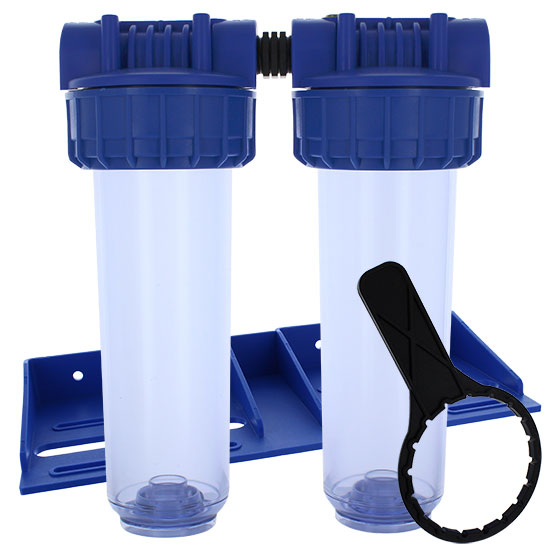 Double porte filtre à eau 93/4 - 20/27F bypass laiton + cartouche filtre  sédiment 20µm et CA - Adoucisseur Eau
